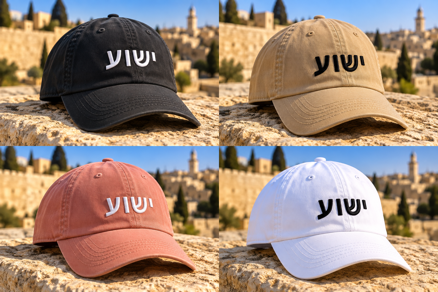 The Yeshua Hat in khaki, black, pink and white colorways